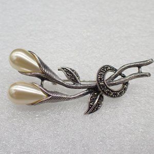 Vintage Tear Drop Pearl and .925 Silver + Marcasite Brooch.